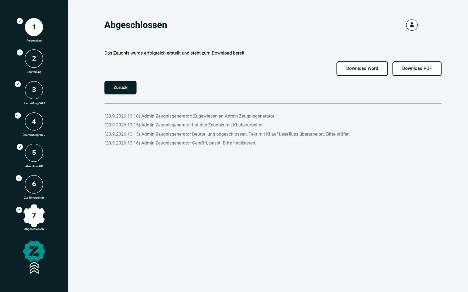Abgeschlossenes Zeugnis: alle sieben Schritte abgehakt, Verlauf der Übergaben und Download als Word oder PDF