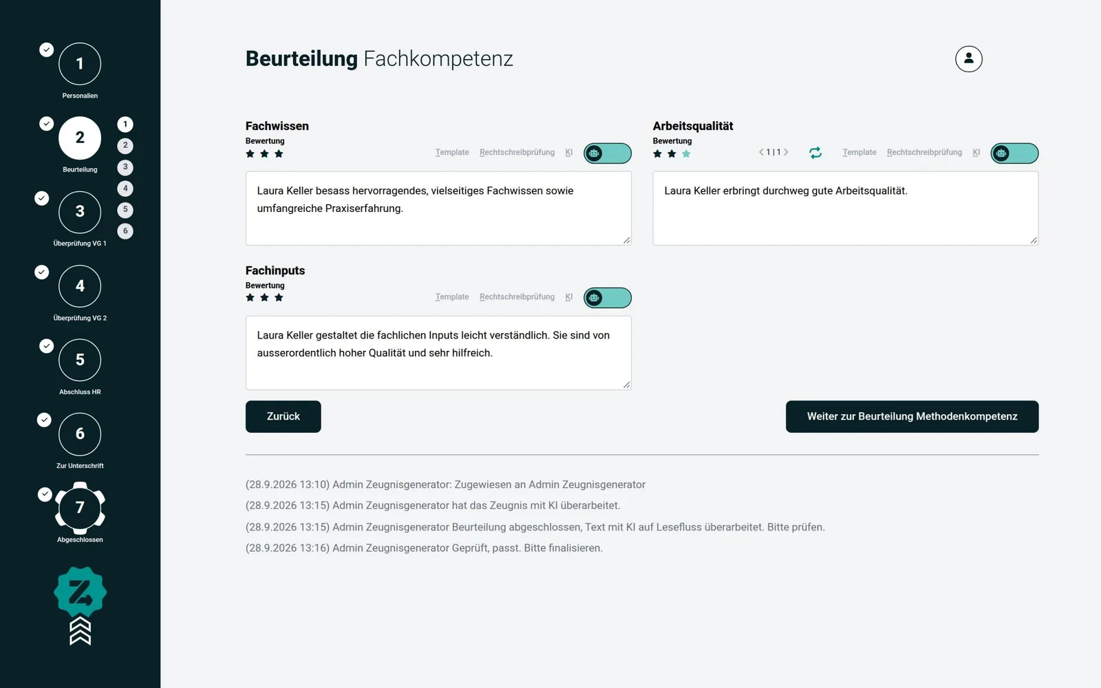 Beurteilung Fachkompetenz: Kriterien mit Sterne-Bewertung und dem passenden Textbaustein darunter