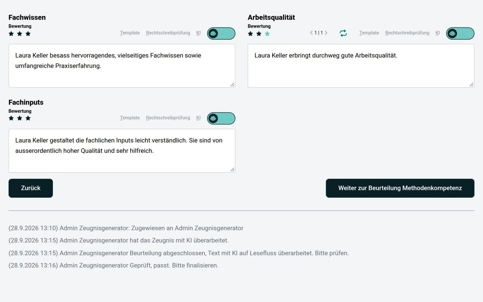 Textbausteine im KI-Modus mit Variantenwahl, darunter der Verlauf mit dem Eintrag „mit KI überarbeitet"