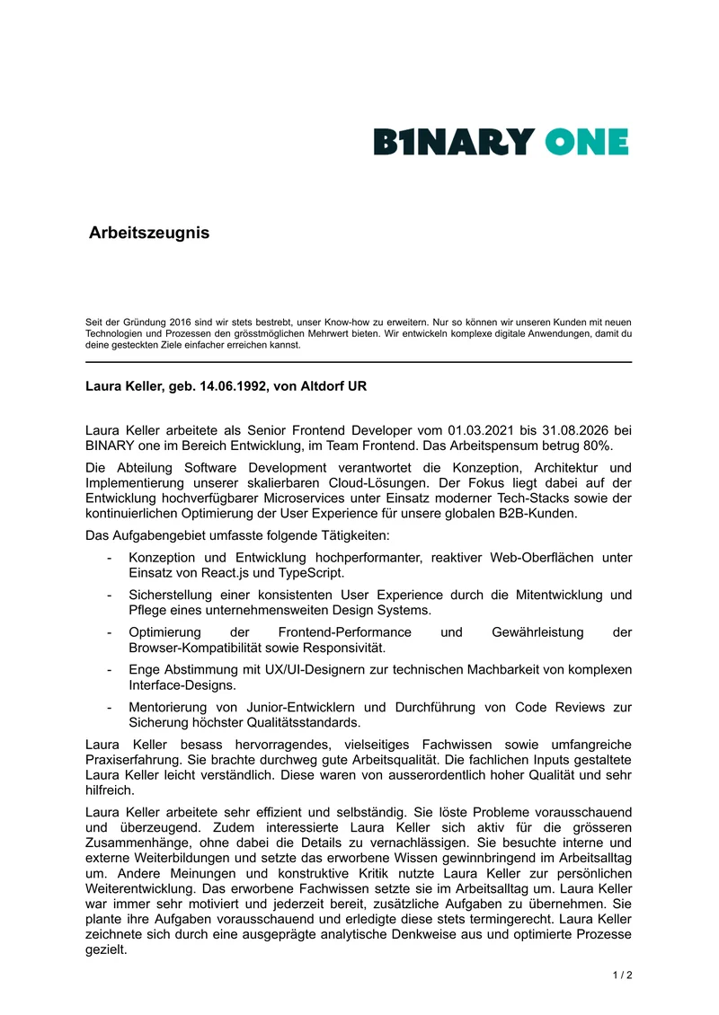 Erste Seite eines Arbeitszeugnisses als PDF, erstellt mit dem Zeugnisgenerator