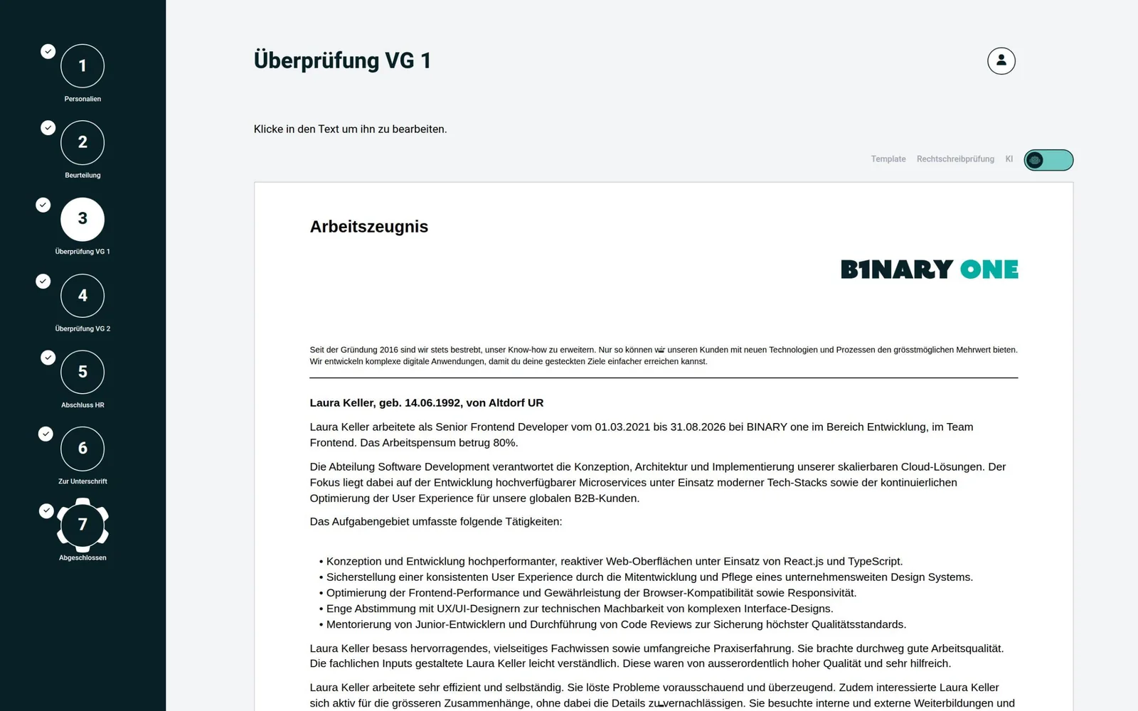 Zeugnisgenerator im Browser: Vorschau eines Arbeitszeugnisses im Briefpapier-Layout, links die sieben Schritte von den Personalien bis zum Abschluss