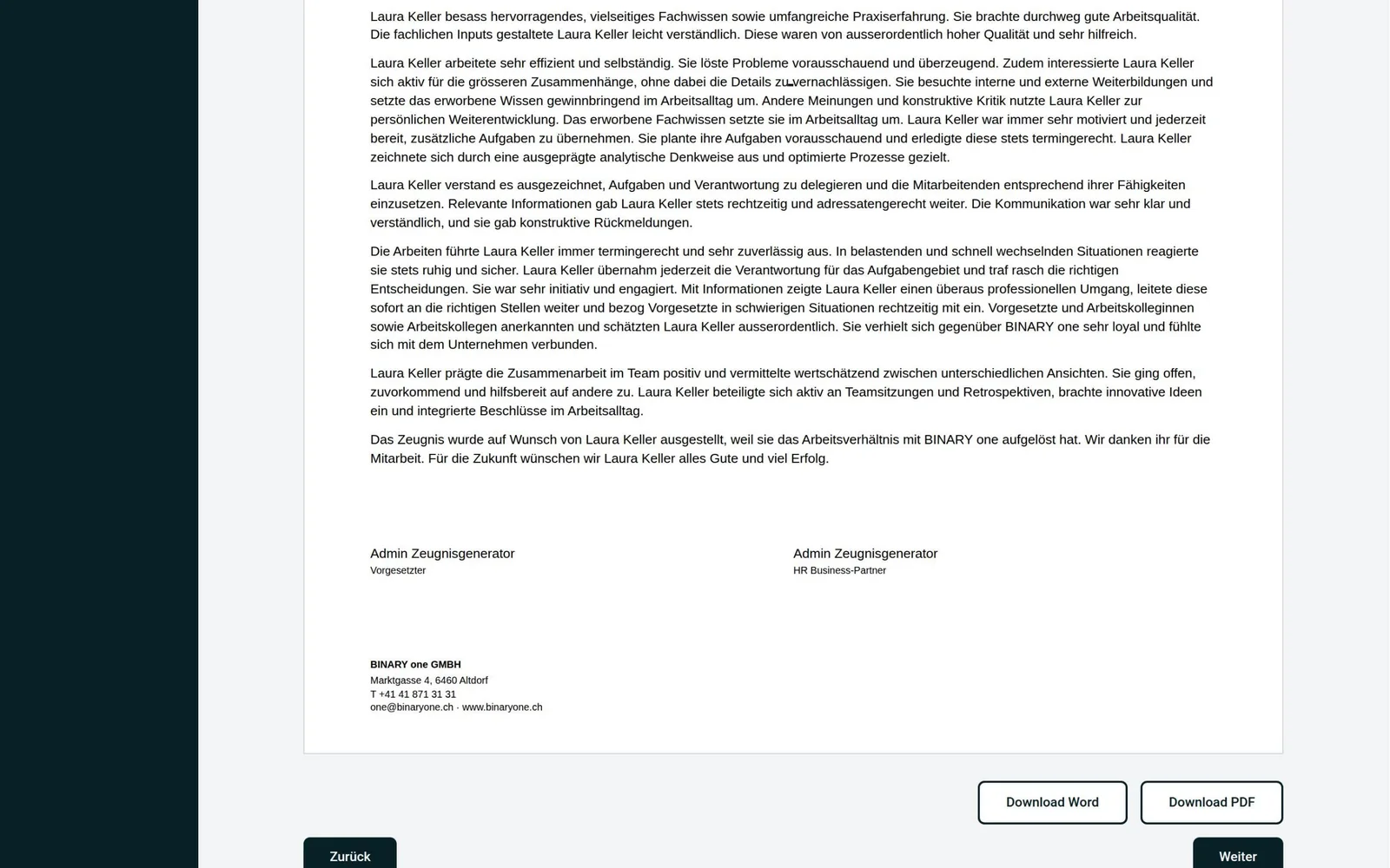 Generierter Zeugnistext mit Beurteilung, Abschlusstext und Unterschriftenblock, darunter Download als Word und PDF